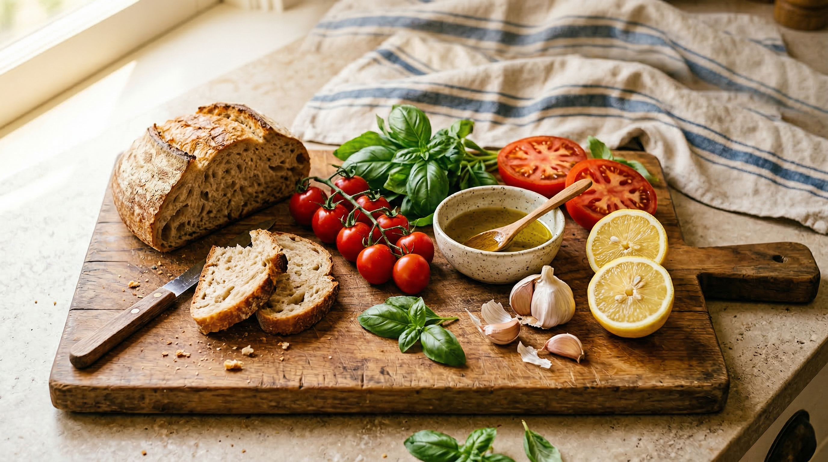 Fresh ingredients on a rustic wooden cutting board