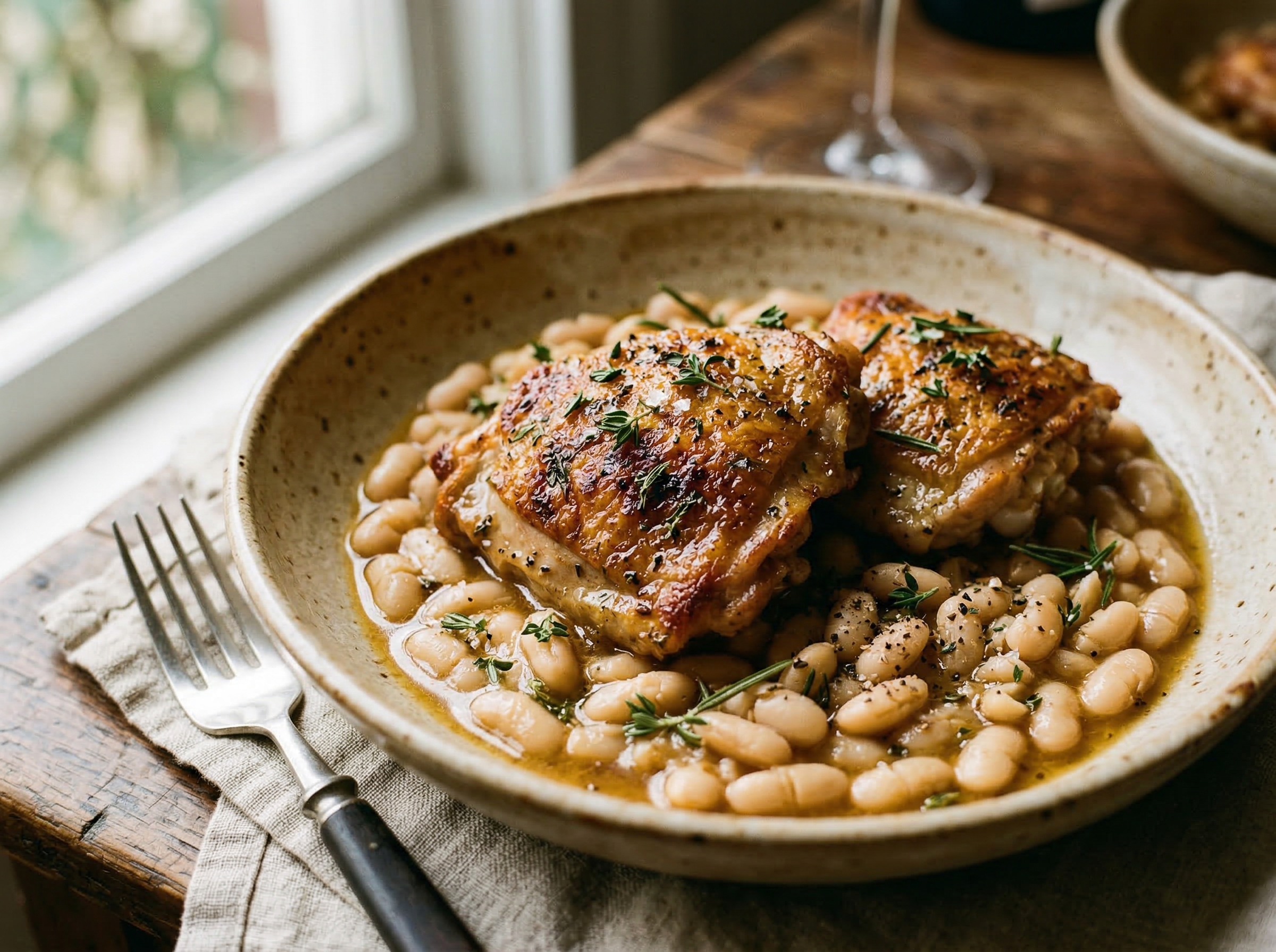 Braised chicken thighs with golden skin over creamy smashed cannellini beans