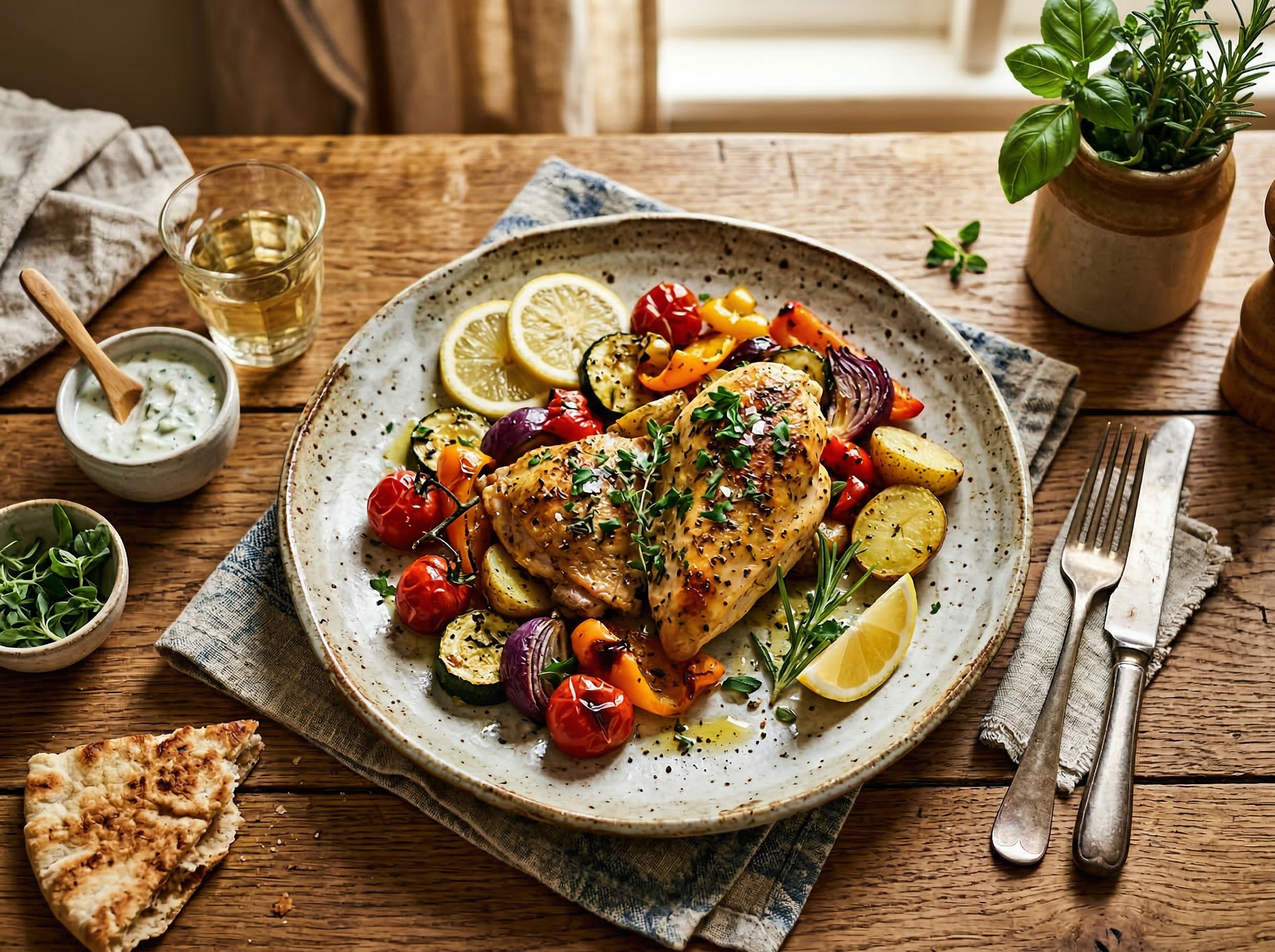 Herb roasted chicken with vegetables on a ceramic plate