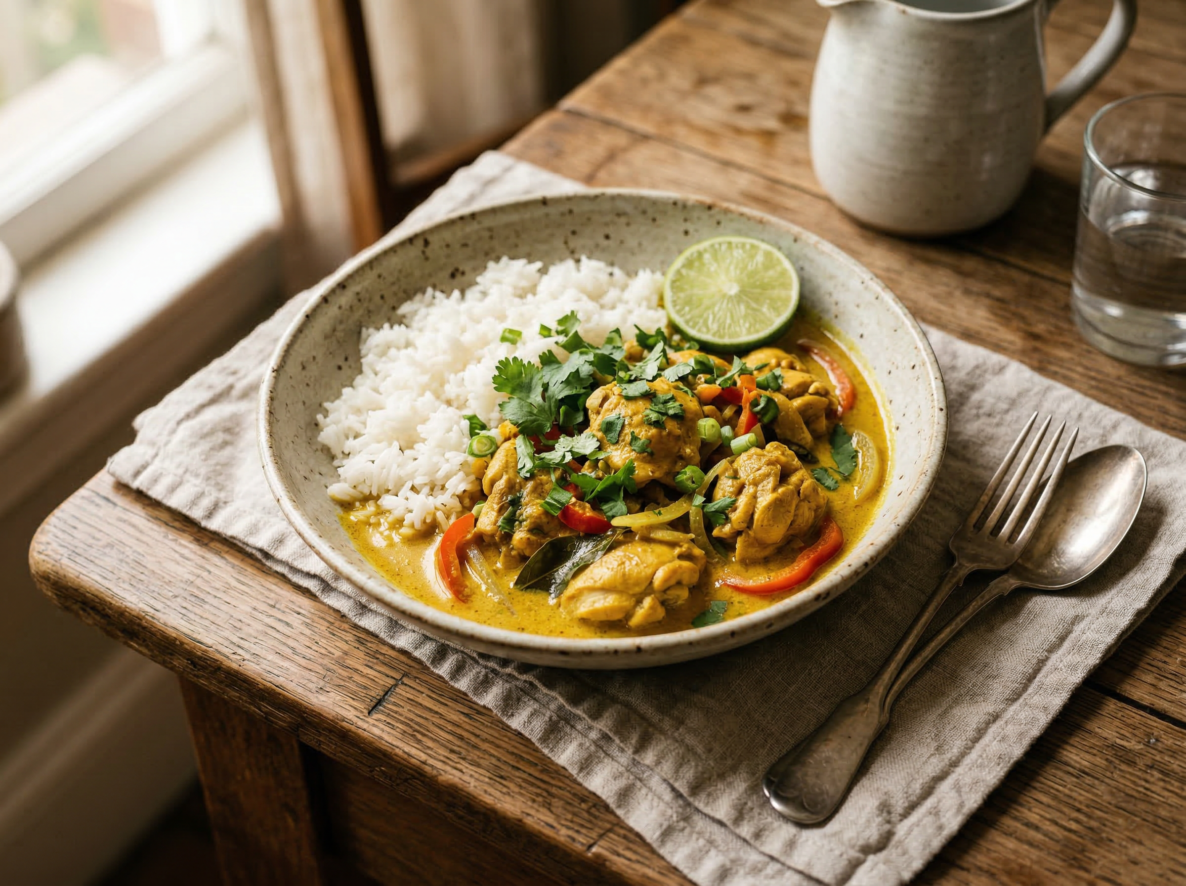 Mild coconut curry chicken with golden sauce over jasmine rice