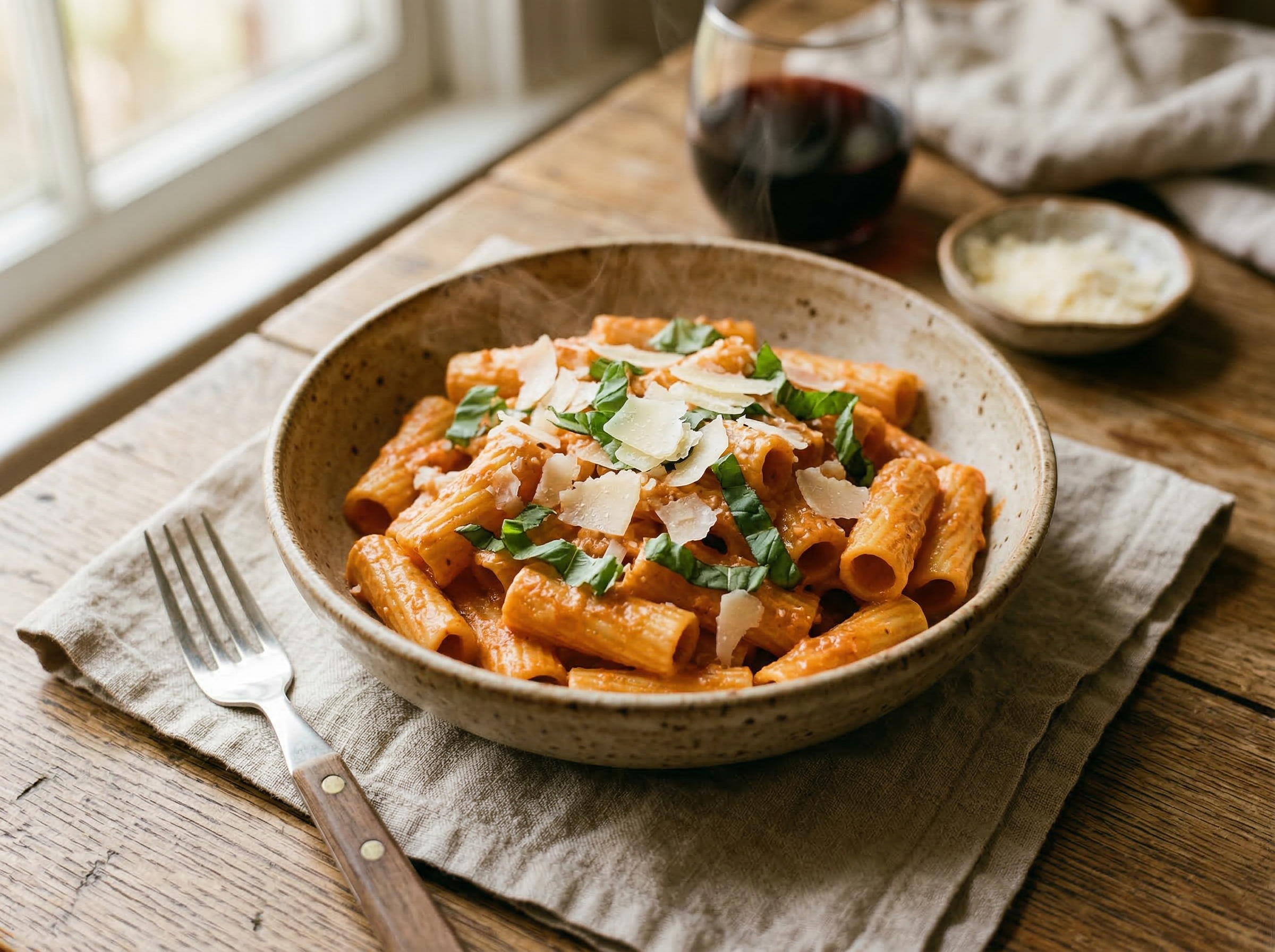 Rigatoni with homemade vodka sauce topped with basil and parmesan