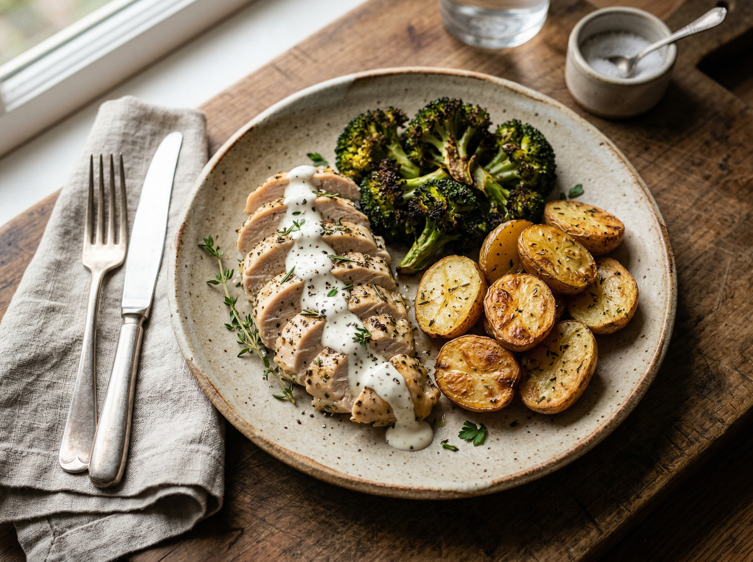 Ranch chicken breast with roasted broccoli and crispy potatoes