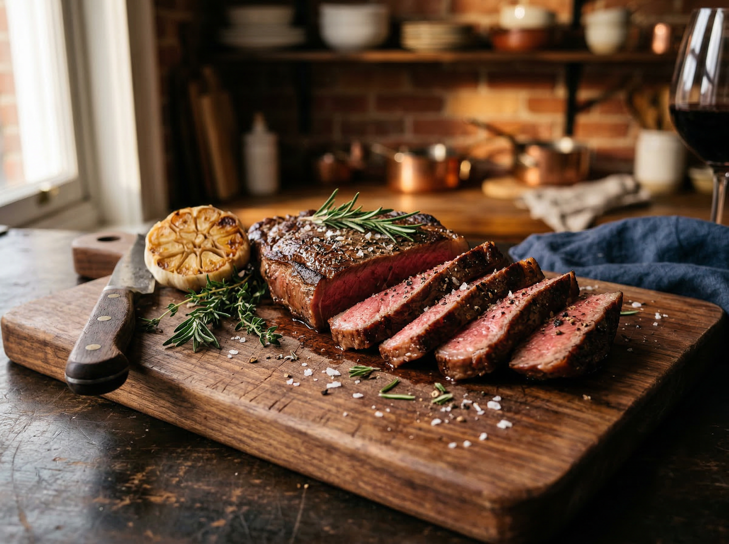Seared sirloin steak sliced on a cutting board with herbs